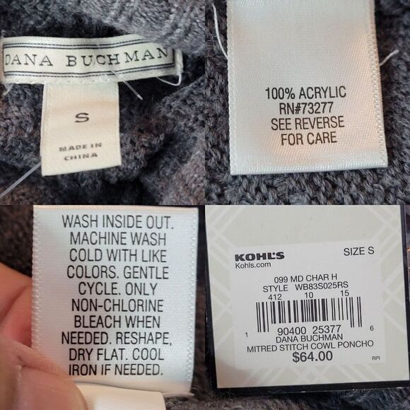 Dana Buckman Cowl Poncho Sweater Top S Gray Leather Metal Detail Textured - Picture 3 of 9